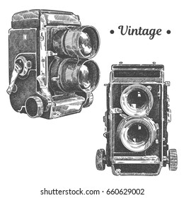 Two Hand drawing graphic old vintage lens of retro photo camera. Isolated vector illustration 