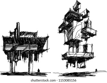two hand drawn architectectural sketches of a modern abstract futuristic architecture with people around