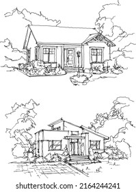 two hand drawn architectural sketches of beautiful classic detached village house with garden  and trees and roof