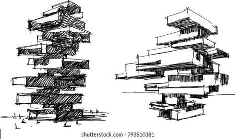 two hand drawn architectural sketches of a tall modern abstract buildings or residential tower