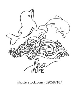 Two hand drawn baby dolphins, jumping on wave. Black and white. Lettering "Sea life" vector EPS 10