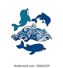 Two hand drawn baby dolphins are jumping on wave, and one is swimming under water . Deep blue. Vector EPS 10