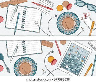 Two hand drawn banners: top view illustration of a desk with notebooks, tablet, coffee and pens
