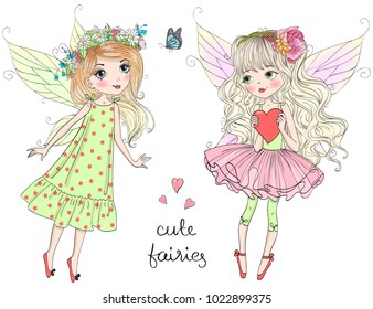 Two hand drawn beautiful cute little fairies girls with a butterfly. Vector illustration.