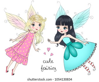 Two hand drawn beautiful cute little fairies girls. Vector illustration.