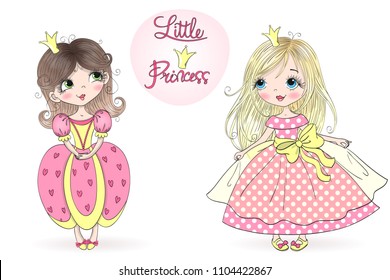 Two hand drawn beautiful, cute, little girl Princess. Vector illustration.