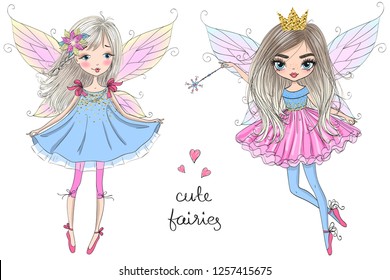 Two hand drawn beautiful cute little fairies girls. Vector illustration.