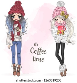 Two hand drawn beautiful cute winter girls with coffee in his hand. Vector illustration.