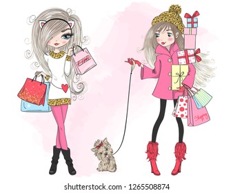 Two hand drawn beautiful, cute winter shopping girl with a gift, bag and dog. Vector illustration.