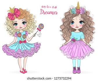 Two hand drawn beautiful cute little princess girls. Vector illustration.