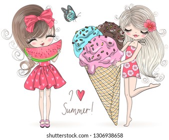 Two hand drawn beautiful cute summer girls with big watermelon and ice-cream in her hands. Vector illustration. 