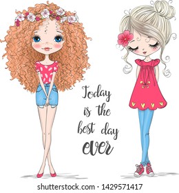 Two hand drawn beautiful, cute summer girls  Vector illustration.