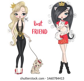 Two hand drawn beautiful cute cartoon fashion power girls with little dog and cat. Vector illustration.