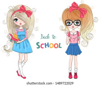 Two hand drawn beautiful cute schoolgirls with backpacks on background with the inscription Back to School. Vector illustration.