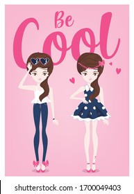 Two hand drawn beautiful cute little girls  on the background with the inscription best friends. Vector illustration.