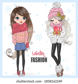 Two hand drawn beautiful cute winter girls. Vector illustration.