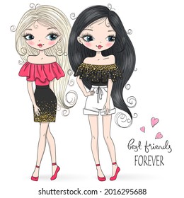 Two hand drawn beautiful cute little girls. Vector illustration.