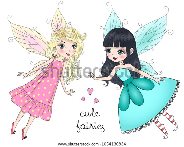 2人の手描きのかわいい小さな妖精の女の子 ベクターイラスト のベクター画像素材 ロイヤリティフリー
