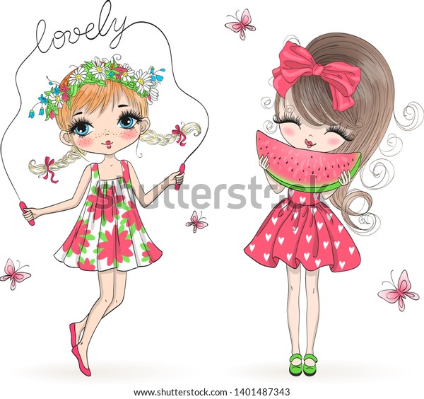2人の手描きのかわいい女の子が花 スイカ 蝶で縄を跳び上げています ベクターイラスト のベクター画像素材 ロイヤリティフリー