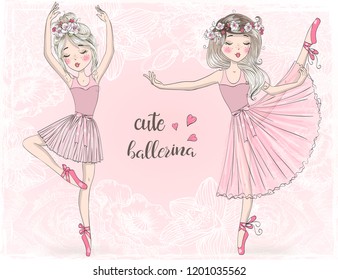 Two hand drawn beautiful, lovely, little ballerinas girl with wreaths. Vector illustration.