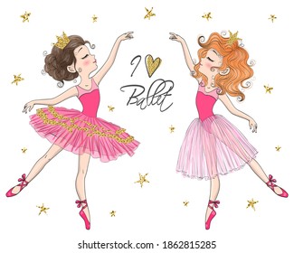 Two hand drawn beautiful, lovely, little ballerina girls. Vector illustration.