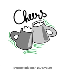 Two hand drawn beer mugs with handwritten Cheers lettering on the white background. Isolated design elements