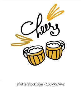 Two hand drawn beer mugs with handwritten Cheers lettering on the white background. Isolated design elements