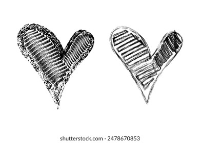 Two hand drawn black heart vector illustration design element