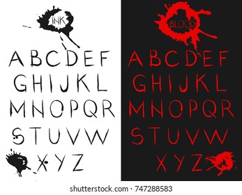 Two hand drawn brush calligraphy lettering alphabet set: ink and blood abc. Vector letters illustration. Black and red font with ink drops. Grunge style text