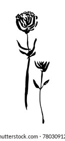 Two hand drawn brush paint flower painted by ink. Vector stylized decorative imperfec silhouette. Black isolated on white background.