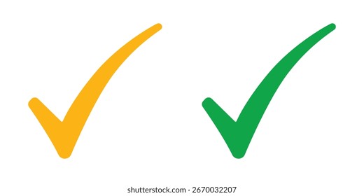 Dos marcas de verificación dibujadas a mano amarillas y verdes sobre fondo blanco