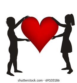 Two hand drawn children silhouettes holding a heart