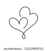 Two hand drawn christmas love monoline hearts one line. logo sign vector Romantic illustration symbol pairs and wedding. Calligraphy Design flat element of valentine day. For greeting card.