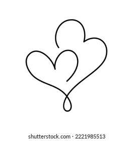 Two hand drawn christmas love monoline hearts one line. logo sign vector Romantic illustration symbol pairs and wedding. Calligraphy Design flat element of valentine day. For greeting card. svg