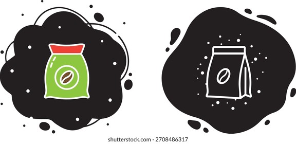 Dos bolsitas de café dibujadas a mano, una verde con una parte superior roja y un frijol marrón en el interior y otra con un contorno blanco en Formas abstractas negras con puntos.