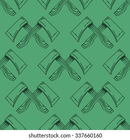 Two Hand Drawn Crossed Axes Illustration Pattern on Green Background -Camping and Outdoor or Mountain Adventure Doodle Color Pattern - Hand Drawn Vector Illustration