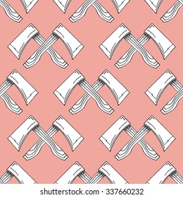 Two Hand Drawn Crossed Axes Illustration Pattern on Green Background  -Camping and Outdoor or Mountain Adventure Doodle Color Pattern - Hand Drawn Vector Illustration