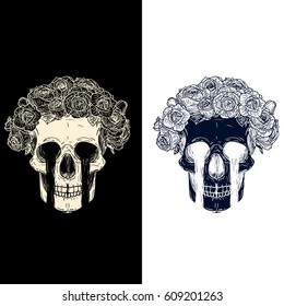 Two hand drawn Crying human skull with flower wreath in vintage hipster style. Vector illustration.