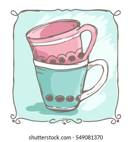 Two hand drawn cups of tea in sketchy style decorated with simple frame, vector illustration