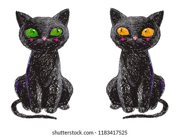 Two hand drawn cute black witch cats isolated on white background. Pencil drawing. Scary Halloween collection