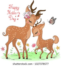 Two hand drawn cute deer girls. Happy Mothers Day. Vector illustration.