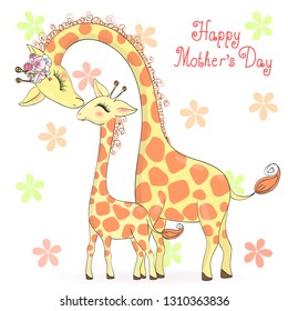 Two hand drawn cute giraffe girls. Happy Mothers Day. Vector illustration.