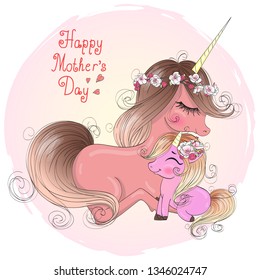 Two hand drawn cute mom and daughter unicorns girls. Happy Mothers Day. Vector illustration.