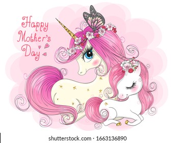 Two hand drawn cute mom   daughter unicorns girls  Happy Mothers Day  Vector illustration 