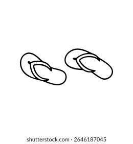 Dois chinelos desenhados à mão são mostrados, em um simples contorno preto, transmitindo uma sensação de verão, férias e relaxamento. Eles aparecem como um ícone de vetor
