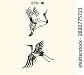 Two hand drawn flying cranes illustrated in a simple black and white line art style on a neutral background
