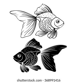 Two hand drawn goldfish, white and black, isolated on white background. Graphic art. Vector illustration.