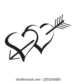 Zwei handgezeichnete Herzen, durchbohrt von einem Pfeil. Symbol der Liebe. Valentinstag-Illustration im Doodle-Stil. Einzeln auf weißem Hintergrund. Vektorgrafik.