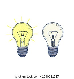 Two hand drawn light bulbs. Sketch with simple lamps. Creative icons
