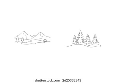 Two Hand Drawn Minimalist Landscape Sketches Featuring Mountains Trees And A Bear